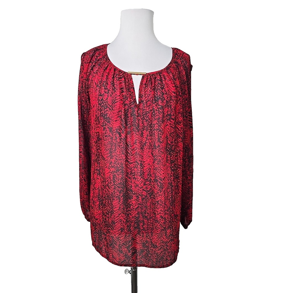 Michael Kors Red Black Print Chiffon Slit Sleeve Blouse Shell Only Large L